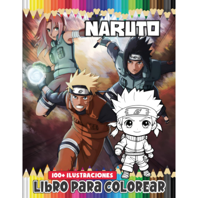Capa de livro para colorir Naruto com personagens de anime e título colorido