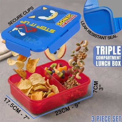 Lancheira tripartida azul com estampa Sonic the Hedgehog e compartimentos vermelhos