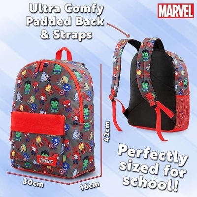 Mochila Marvel com padrão de personagens cartoon e alças vermelhas acolchoadas.