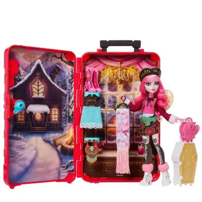 Mala de brinquedo vermelha aberta mostrando cenário de neve e interior com boneca vestida colorida e acessórios