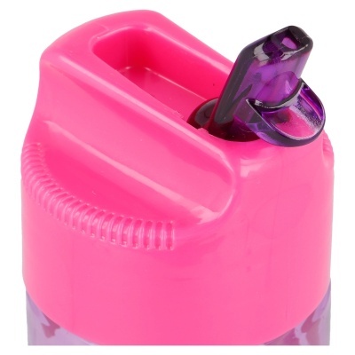Garrafa de plástico transparente com tampa rosa e bico roxo