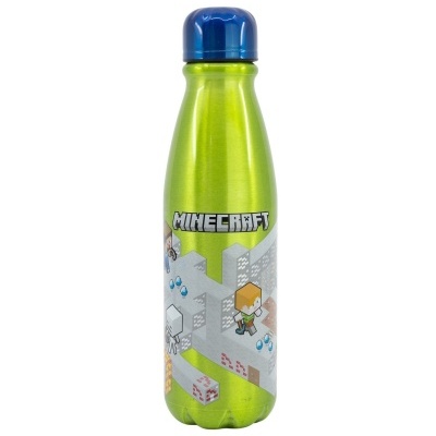Garrafa metálica verde com tampa azul e design Minecraft