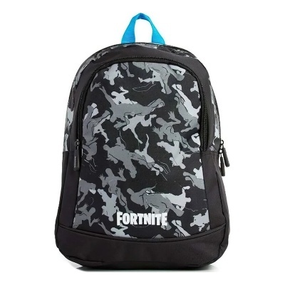 Mochila preta com padrão camuflado e logótipo FORTNITE
