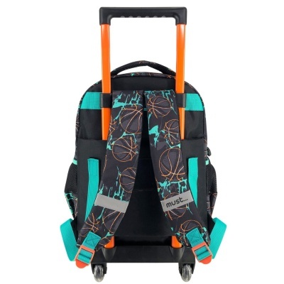 Mochila preta com estampado de bolas de basquetebol e rodas com puxador laranja