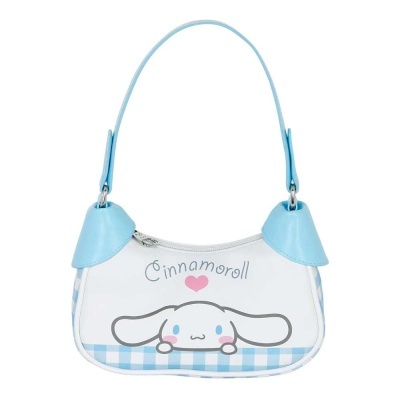 Mala pequena branca e azul com personagem Cinnamoroll e texto
