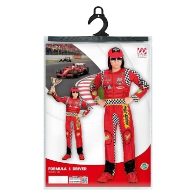 Fato Carnaval criança Formula 1 vermelho com padrão quadriculado e detalhes impressos