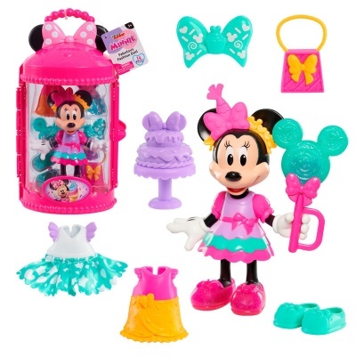 Figura da Minnie Mouse com acessórios coloridos e embalagem rosa.