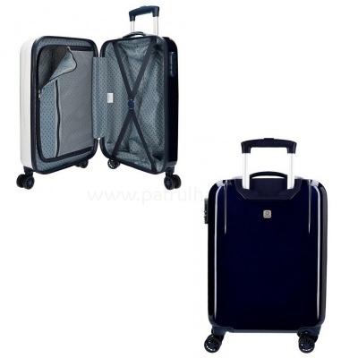 Conjunto de malas de viagem rígidas azuis, uma aberta e uma fechada