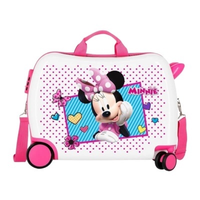 Mala de criança branca e rosa com imagem da Minnie Mouse e texto 'MINNIE'