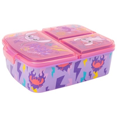 Caixa de plástico para lanche roxa e rosa com desenhos coloridos