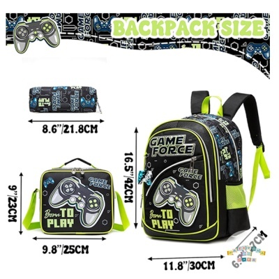 Conjunto escolar mochila, estojo e lancheira videojogos preto e verde-limão