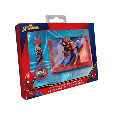 Conjunto Homem-Aranha carteira e relógio digital em embalagem azul e vermelha