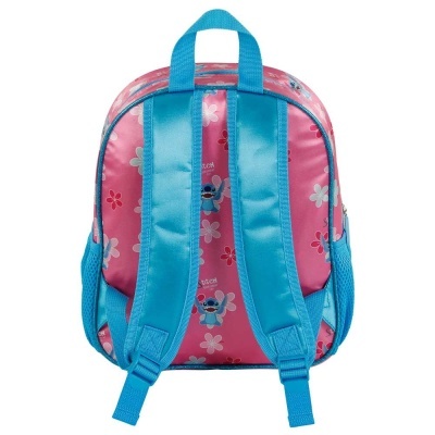 Mochila infantil rosa e azul com estampado do personagem Stitch