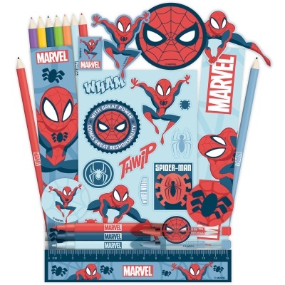 Material escolar Spider-Man Marvel com lápis, canetas, régua e autocolantes