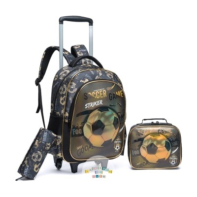 Conjunto de mochila, lancheira e estojo com tema de futebol e cores azul escuro e dourado