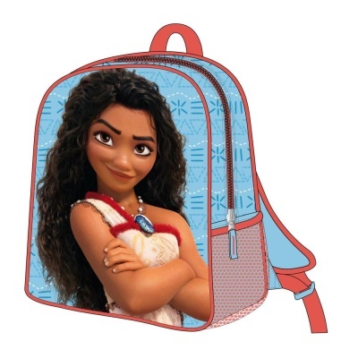 Mochila infantil azul e vermelha com estampa da personagem Moana