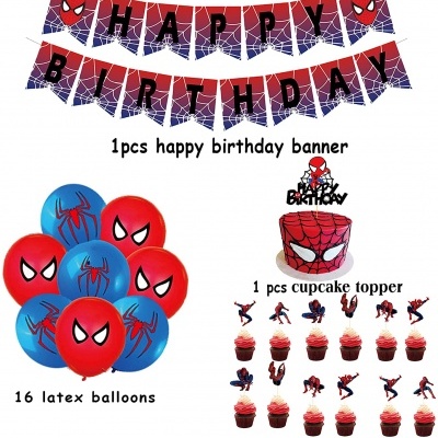 Decoração de aniversário com tema Homem-Aranha: faixa, balões azuis e vermelhos e toppers de cupcake.