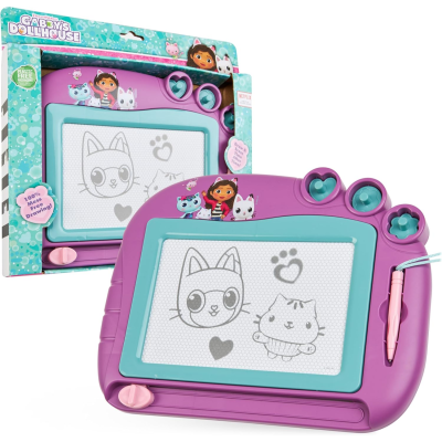 Quadro magnético de desenho infantil roxo e azul com carimbos e caneta rosa