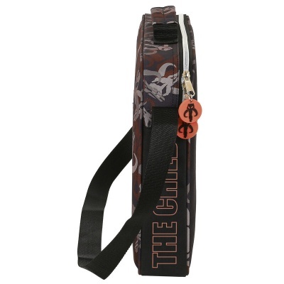 Bolsa fina castanha com padrão floral, alça preta e texto THE CHILE