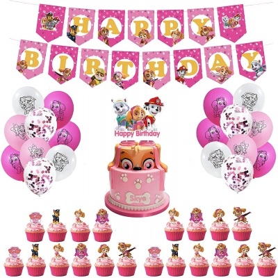 Decoração de festa de aniversário Paw Patrol em rosa com banner, bolo e cupcakes com personagens