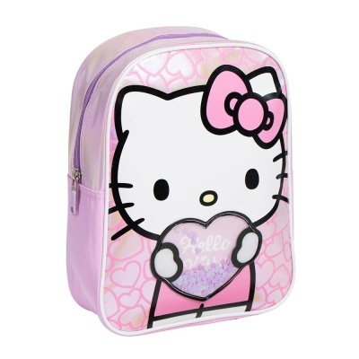 Mochila infantil rosa com Hello Kitty segurando coração lilás com texto Hello