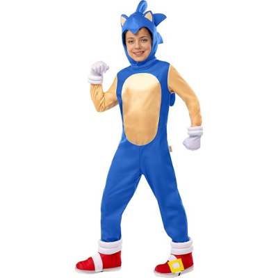 Fato de criança inspirado no Sonic azul com barriga bege e sapatos vermelhos