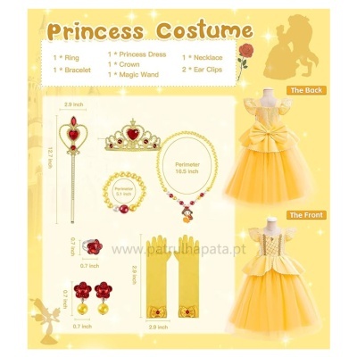 Conjunto de fantasia de princesa amarelo com acessórios em dourado e vermelho
