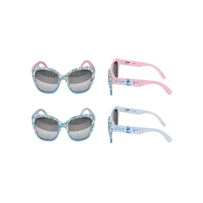 Dois pares de óculos de sol infantis com hastes rosa e azuis com padrão floral e lentes escuras.