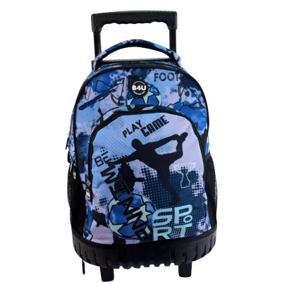 Mochila de rodas azul com desenhos de futebol e texto desportivo