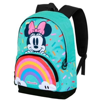 Mochila infantil azul turquesa com desenho da Minnie, arco-íris e confetes coloridos
