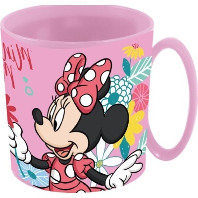 Caneca rosa com estampa da Minnie Mouse e flores coloridas