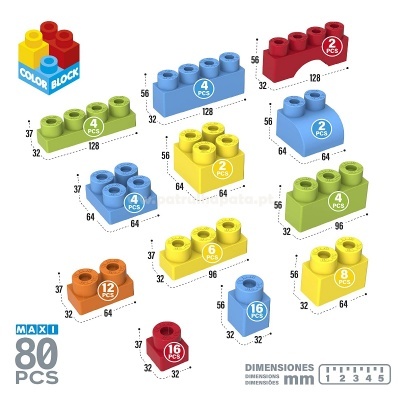 Blocos de construção de plástico coloridos com dimensões e quantidades