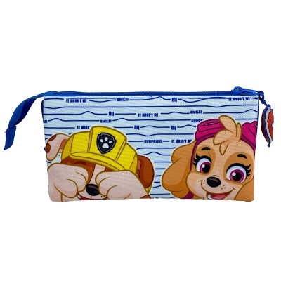 Estojo escolar com desenhos de cães e riscas