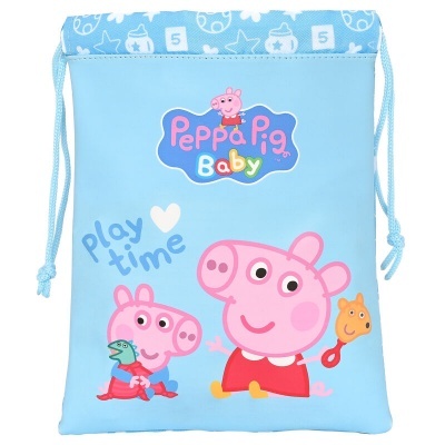 Saco azul claro com imagem de Peppa Pig Baby e texto em azul e branco