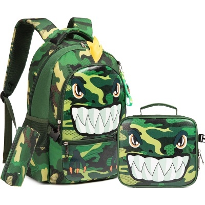 Mochila, lancheira e estojo escolar camuflado com rosto animado