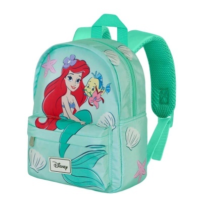 Mochila infantil verde água com imagem da Ariel da Disney e peixe, alças almofadadas e motivo de conchas