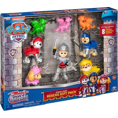 Conjunto PAW Patrol Rescue Knights com 8 figuras coloridas embaladas em caixa azul com tema de castelo.