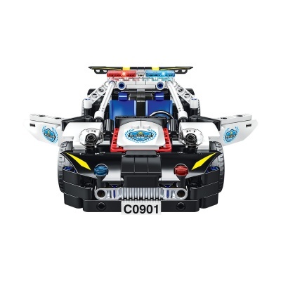 Carro de polícia de blocos de construção visto de frente com portas abertas e luzes no tejadilho.