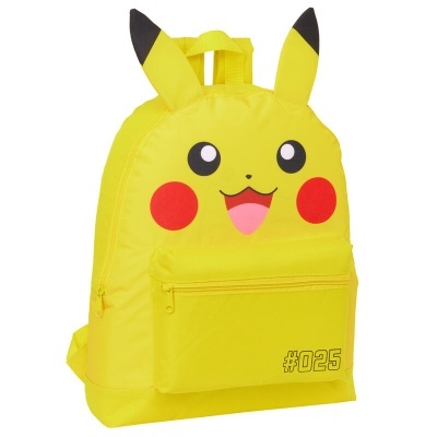 Mochila amarela com orelhas e rosto do Pikachu e texto '#025'