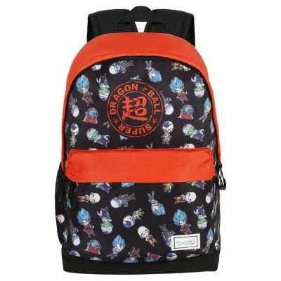 Mochila preta com padrão Dragon Ball colorido e detalhe vermelho