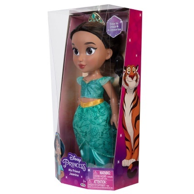 Boneca Disney Princess Jasmine vestida de verde em embalagem roxa com tigre