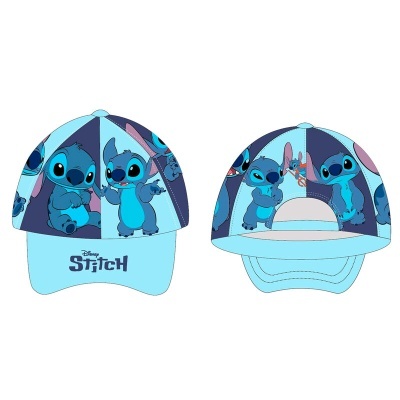 Boné infantil azul com personagens Stitch da Disney e texto na aba