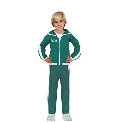 Fato de treino infantil verde com riscas brancas e número 0671 no peito