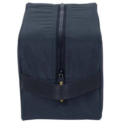 Bolsa retangular azul escuro com fecho de correr e alça de fita preta