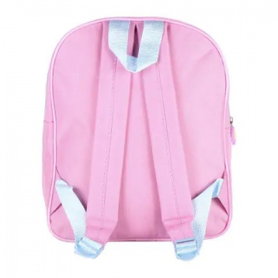 Mochila rosa com alças cinzento claro vista de trás