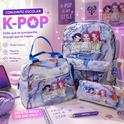 Conjunto escolar K-POP mochila, lancheira e estojo azul com dourado e personagens animadas