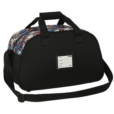 Mala desportiva preta com alça longa e estampado colorido