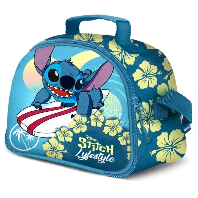 Mala azul pequena Stitch com flores amarelas e texto Disney Stitch Lifestyle