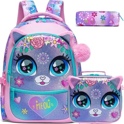 Conjunto de mochila rosa e roxa com rosto de gato, lancheira e estojo combinando.