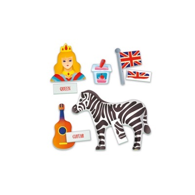 Imãs coloridos de geladeira com figuras de rainha, iogurte, bandeiras, guitarra e zebra